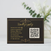 Zwarte Gouden QR-code Huwelijks RSVP Kaart (Staand voorkant)