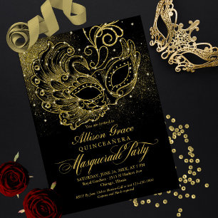 Zwarte Gouden Quinceanera Maskerade Uitnodiging
