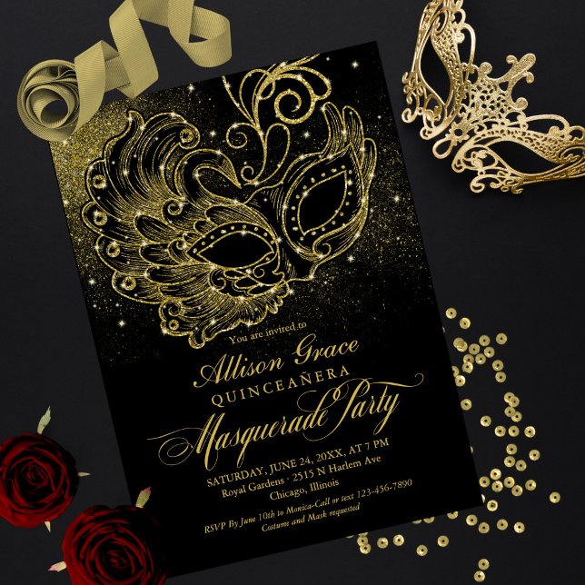 Zwarte Gouden Quinceanera Maskerade Uitnodiging (Creator heeft geüpload)
