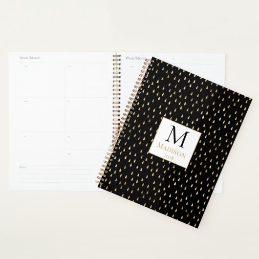 Zwarte Gouden Regendruppel Moderne Monogram Planner (Display)