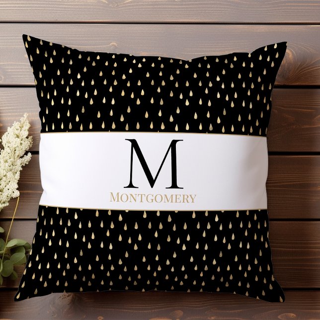 Zwarte Gouden Regendruppel Moderne Trendy Monogram Kussen (Creator heeft geüpload)