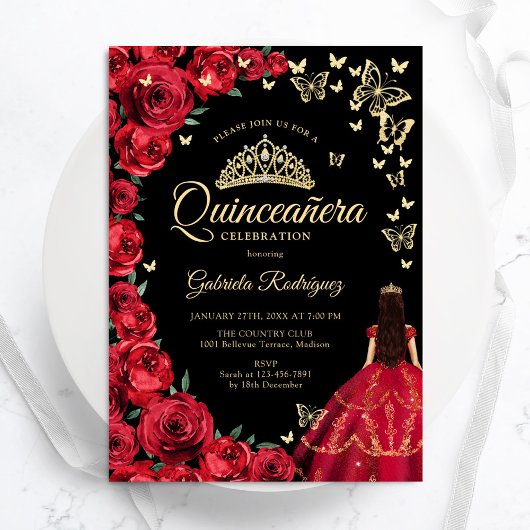 Zwarte Gouden Rode Rozen Vlinders Quinceanera Kaart