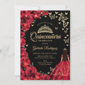 Zwarte Gouden Rode Rozen Vlinders Quinceanera Kaart (Voorkant)