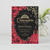Zwarte Gouden Rode Rozen Vlinders Quinceanera Kaart (Staand voorkant)