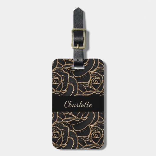 Zwarte gouden rozen bloemen bagagelabel (Voorkant verticaal)