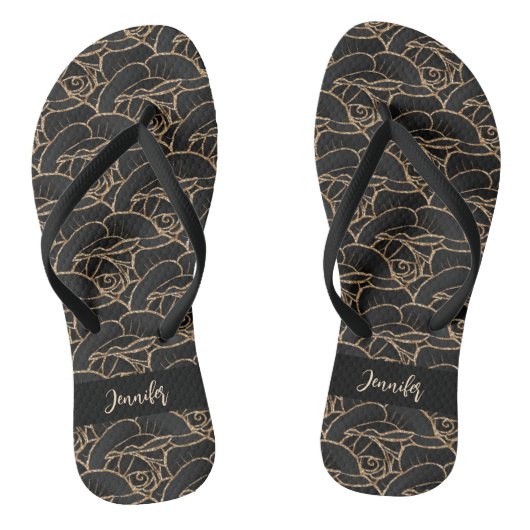 Zwarte gouden rozen bloemen, naam script teenslippers (Voetbed)