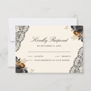 Zwarte Gouden Rozen Kant Crème Gotische Bruiloft RSVP Kaartje