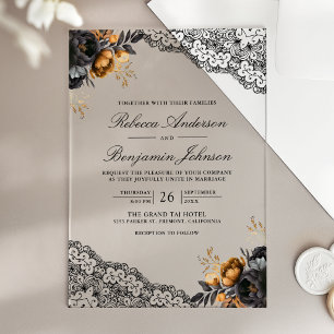 Zwarte Gouden Rozen Kant Gotische Bruiloft Acryl Uitnodigingen