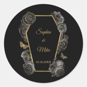 Zwarte & Gouden Rozen Kist Gotische Elegante Trouw Ronde Sticker