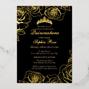 Zwarte Gouden Rozen Tuin Quinceanera Folie Uitnodiging