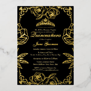 Zwarte Gouden Rozen Tuin Quinceanera Folie Uitnodiging