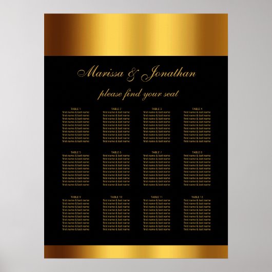 Zwarte Gouden Schrift Trouwzaalstoelindeling Poster (Voorkant)