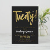 Zwarte Gouden Script 20e Verjaardagsfeest Uitnodig Kaart (Staand voorkant)