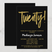 Zwarte Gouden Script 20e Verjaardagsfeest Uitnodig Kaart (Voorkant / Achterkant)