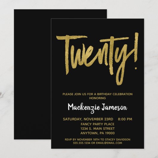 Zwarte Gouden Script 20e Verjaardagsfeest Uitnodig Kaart (Voorkant / Achterkant)