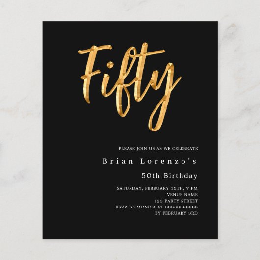 Zwarte gouden script 50ste verjaardagsuitnodiging (Voorkant)