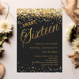 Zwarte gouden script elegante Sweet 16 Kaart