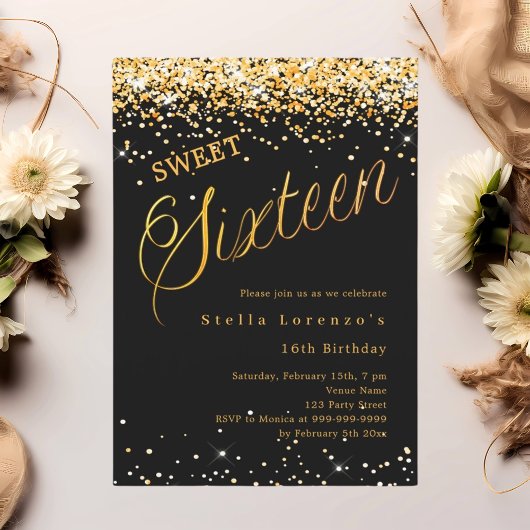 Zwarte gouden script elegante Sweet 16 Kaart