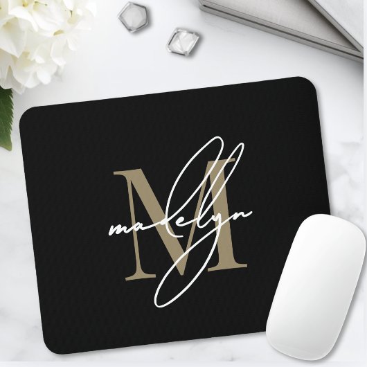 Zwarte Gouden Script Naam Initiaal Monogram Muismat