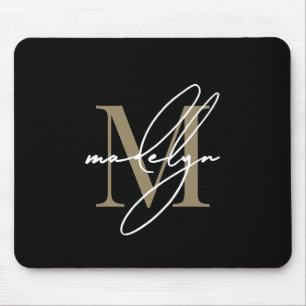 Zwarte Gouden Script Naam Initiaal Monogram Muismat