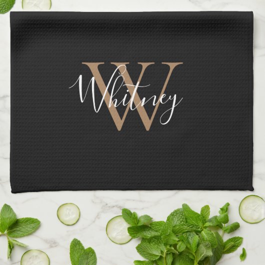  Zwarte Gouden Script Naam Monogram  Theedoek (Gevouwen)