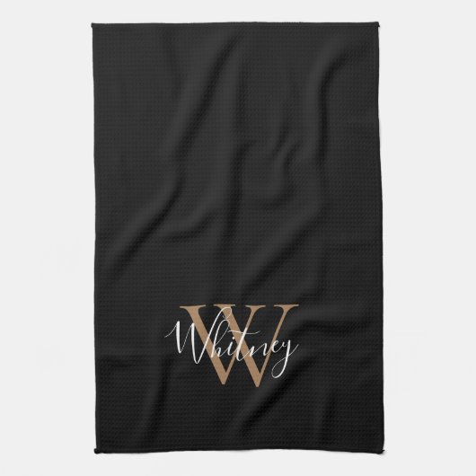 Zwarte Gouden Script Naam Monogram Theedoek (Verticaal)