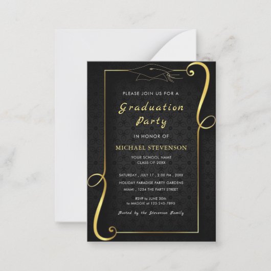 Zwarte gouden sieraden omlijste afstudeeruitnodigi notitiekaartje (Voorkant)