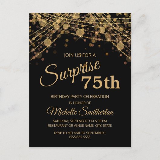 Zwarte Gouden Slingerlichten Verrassen 75e Verjaar Briefkaart (Voorkant)