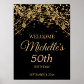 Zwarte gouden slingerlichten Welkom 50e verjaardag Poster (Voorkant)