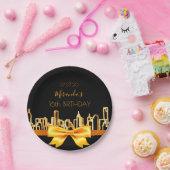 Zwarte gouden stad skyline boog papieren bordje (Feest)