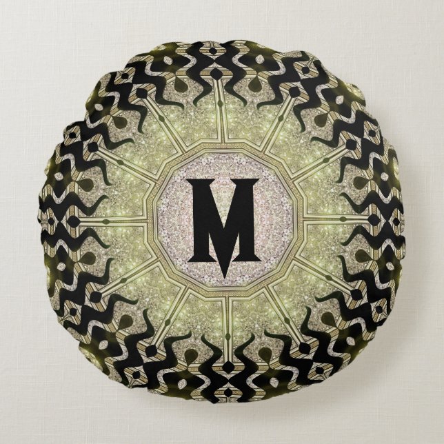 Zwarte Gouden Stam Glam Aangepaste Naam Monogram Rond Kussen (Voorkant)