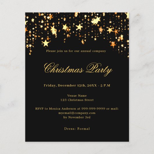 Zwarte gouden ster bedrijf kerstfeest uitnodiging (Voorkant)
