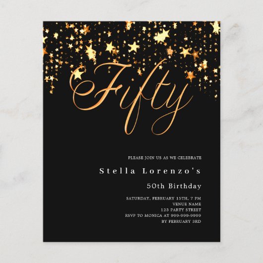 Zwarte gouden sterren 50ste verjaardag uitnodiging (Voorkant)