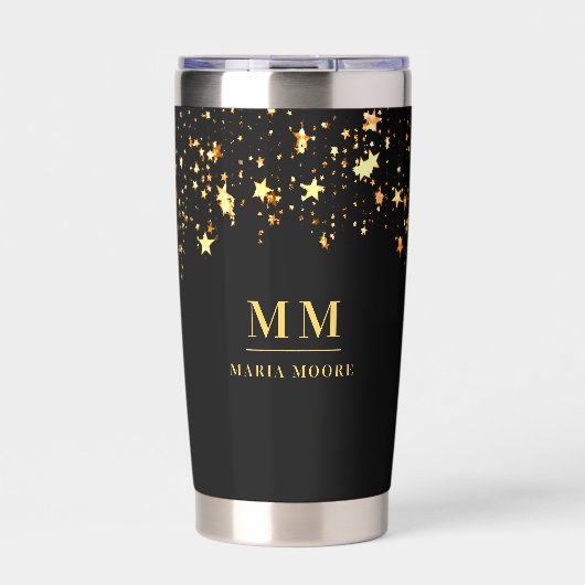 Zwarte gouden sterren aangepaste monogram initiale geïsoleerde drinkbeker (Voorkant)