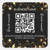 Zwarte gouden sterren bedrijfsnaam qr code vierkante sticker (Voorkant)