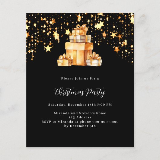 Zwarte gouden sterren cadeaus Kerstfeest uitnodigi (Voorkant)