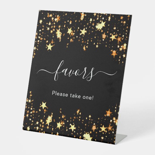 Zwarte gouden sterren feest gunsten reclamebord met voetstuk (Voorkant)