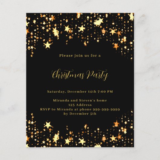 Zwarte gouden sterren kerstfeest uitnodiging (Voorkant)