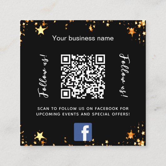Zwarte gouden sterren logo QR code Facebook volg o Vierkante Visitekaartje (Achterkant)