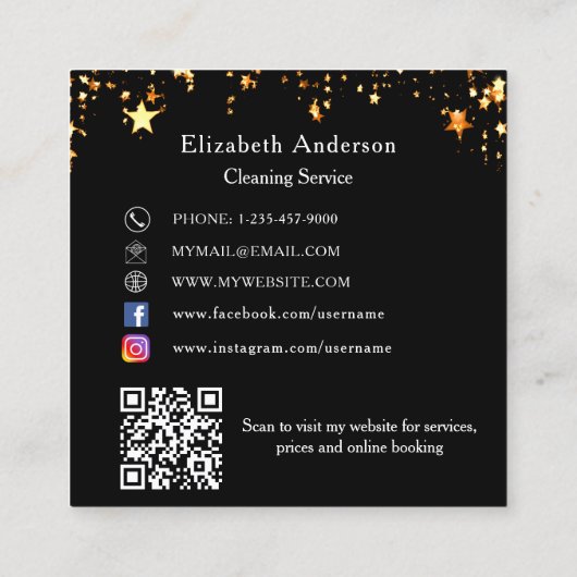 Zwarte gouden sterren QR code social media logo Vierkante Visitekaartje (Achterkant)