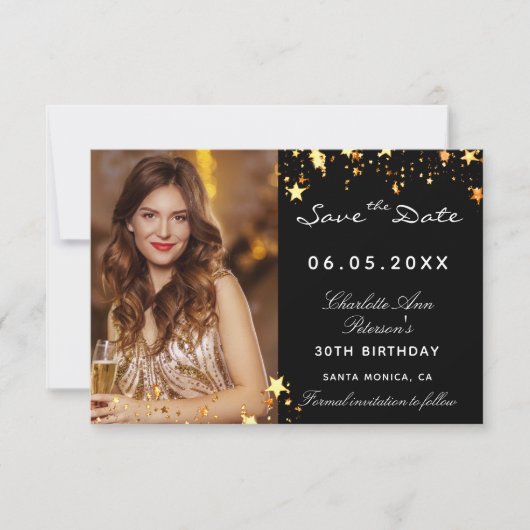 Zwarte gouden sterren save the date (Voorkant)