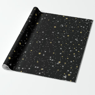 Zwarte Gouden Sterren Sky Sparkle Verjaardagsfeest Cadeaupapier