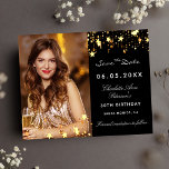 Zwarte gouden sterren verjaardagsfeest met uitzond aankondigingskaart<br><div class="desc">Een foto sparen de datum voor een 30e (of om het even welke leeftijd) verjaardag Voorzijde: Voeg een verticale groottefoto toe. Een klassieke zwarte achtergrondkleur,  versierd met faux gouden sterren. Pas een naam en details aan en voeg deze toe. Witte letters. Voor hem en haar.</div>