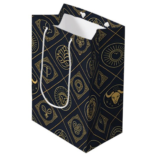 Zwarte Gouden Sterrenbeeld Teken (2) Medium Cadeauzakje (Voorkant Gekanteld)