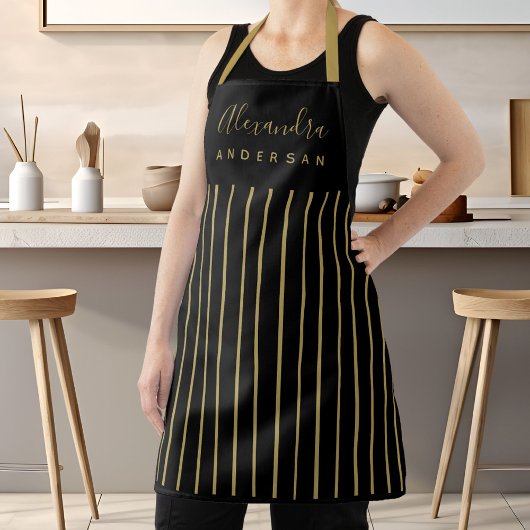 Zwarte Gouden Strepen Elegant Schrift Monogram Schort