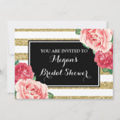 Zwarte Gouden Strepen Roze Bloemen Bruidsfeest Kaart (Voorkant)