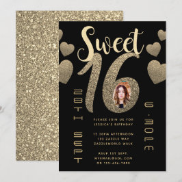 Zwarte Gouden Sweet 16 Moderne Foto Glitter Uitnod Kaart