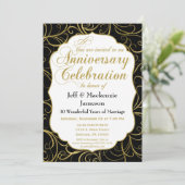 Zwarte Gouden Swirl Jubileum Uitnodiging Elegant (Staand voorkant)