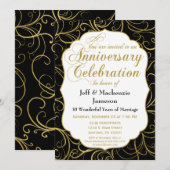 Zwarte Gouden Swirl Jubileum Uitnodiging Elegant (Voorkant / Achterkant)
