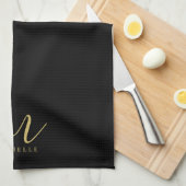 Zwarte & Gouden Tekst Naam Slanke Script Monogram Theedoek (Quarter Fold)